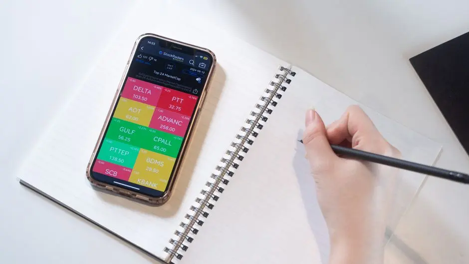 Meja kerja dengan catatan rencana investasi pribadi
